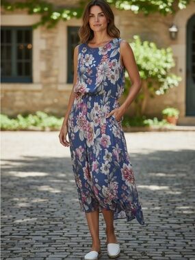 Sleeveless Silk Blue Floral Midi Dress, Size M